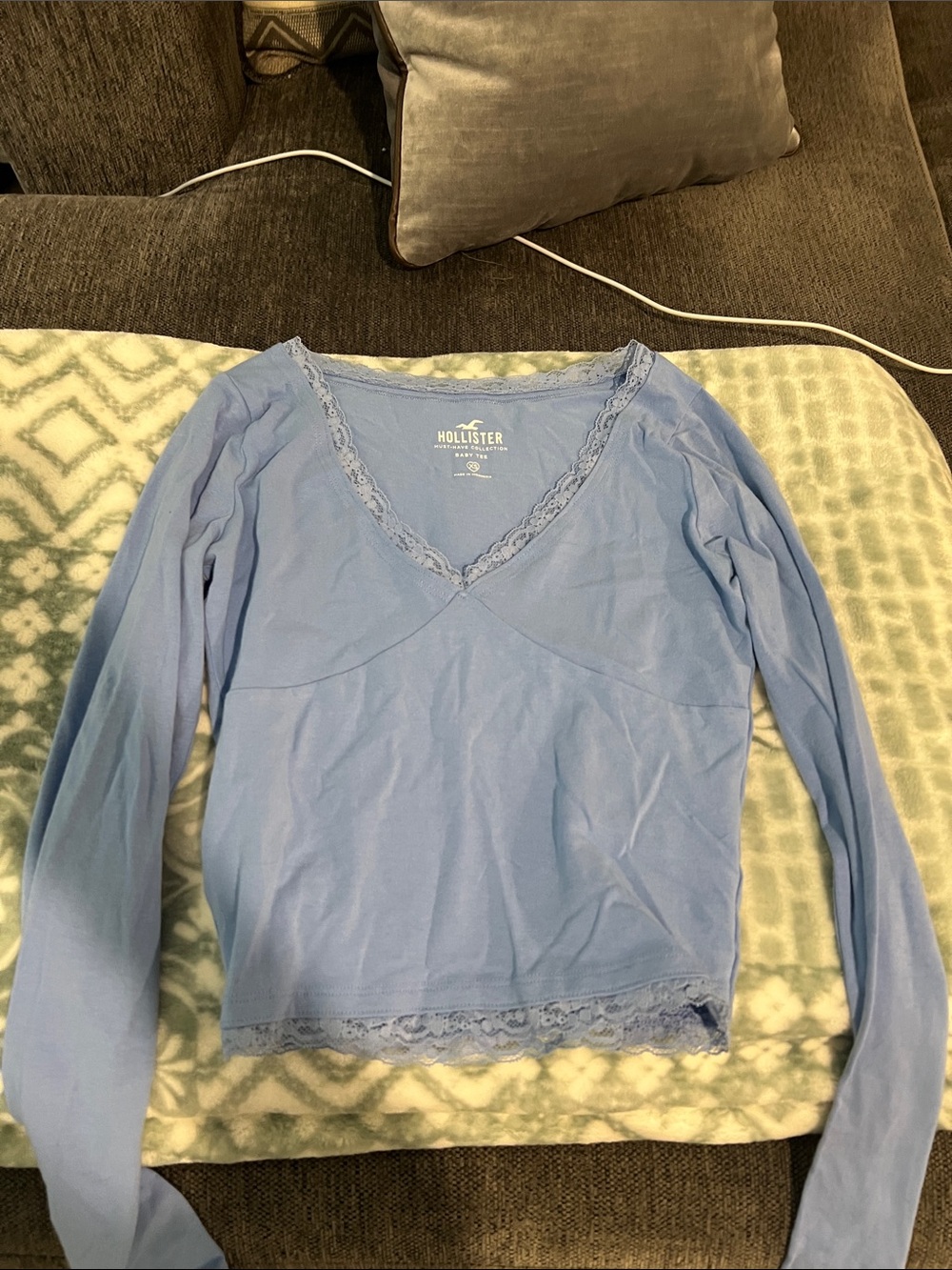 Hollister Sky Blue Lace-Trim V-Neck Long Sleeve Top